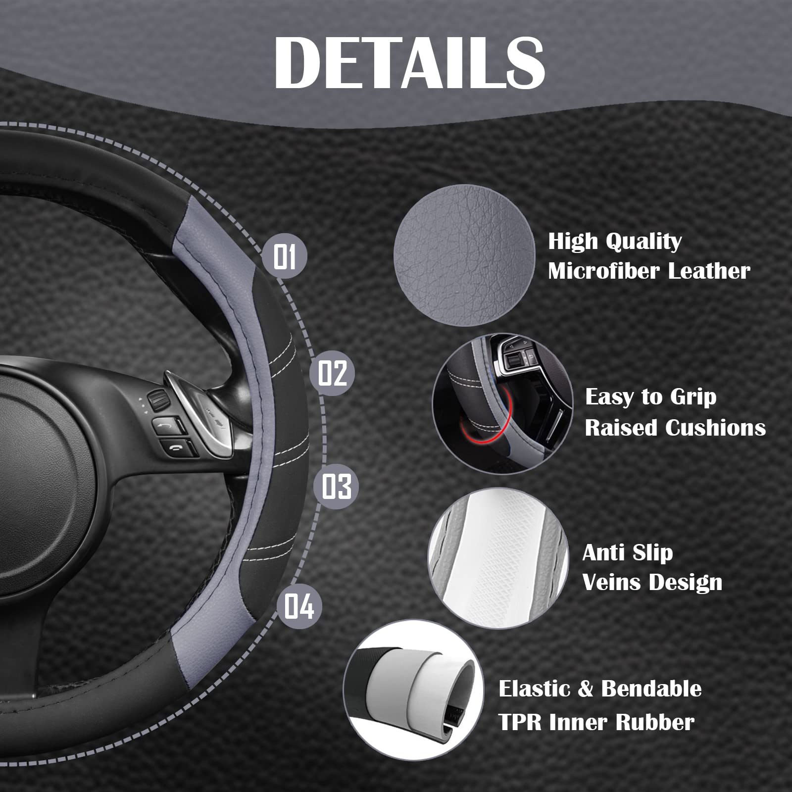 CAR PASS Line Rider Microfiber Leather Sporty Steering Wheel Cover Universal Fits for 95% Truck,SUV,Cars,14.5-15inch Anti-Slip Safety Comfortable Desgin (Black-Gray)