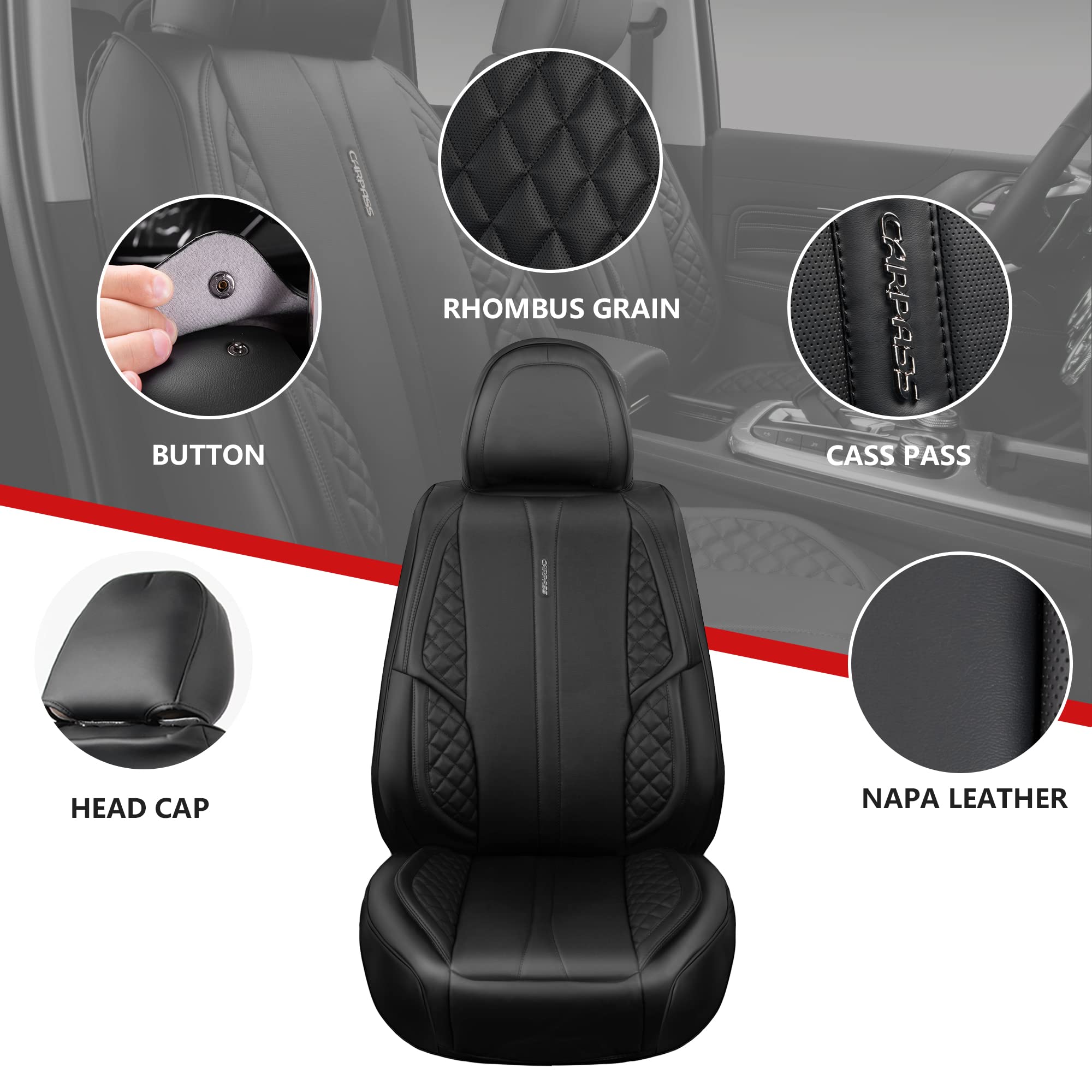 Nappa Leather Car Seat Covers Full Set Waterproof Protector Durable Cushioned-Black