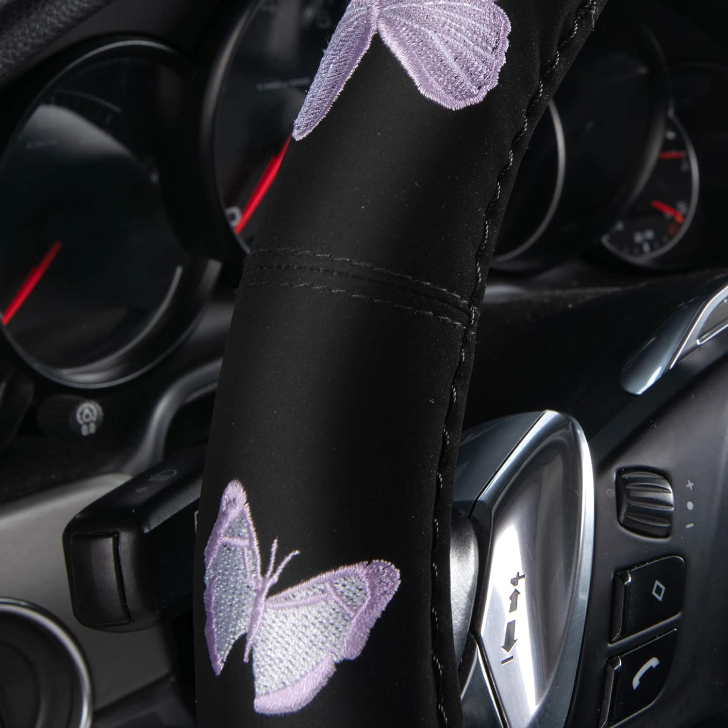 Car Pass Pink Embroidery Butterfly Steering Wheel Cover, Universal 15 Inch Car Wheel Cover for Women Girls, Fit for Suvs,Trucks,Sedans,Cars (Black and Pink)