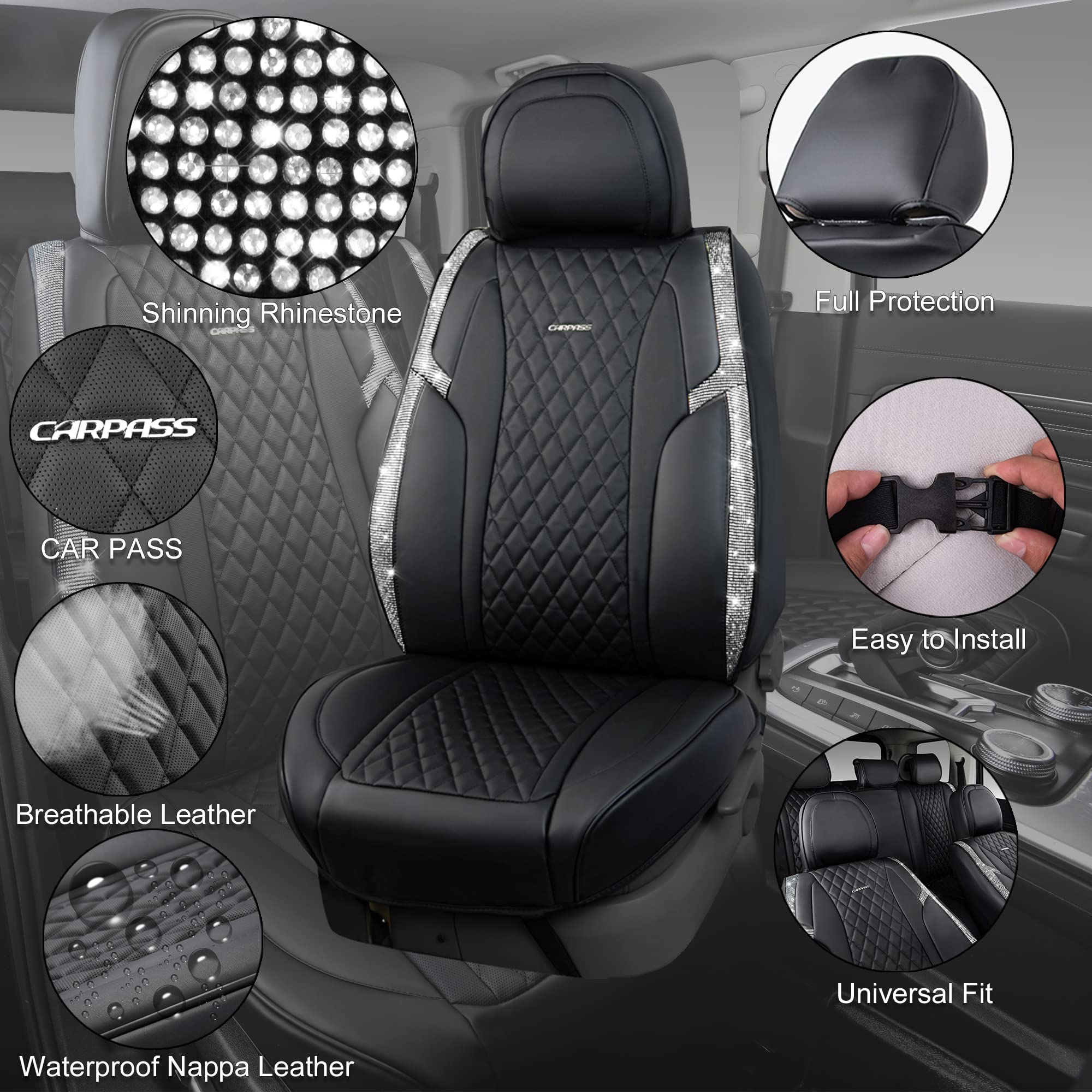 Shining Rhinestone Bling Seat Covers &Nappa Leather Calfskin Cushioned Protector