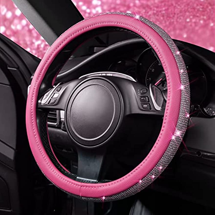Diamond Pink Leather Bling Crystal Rhinestones  Steering Wheel Cover