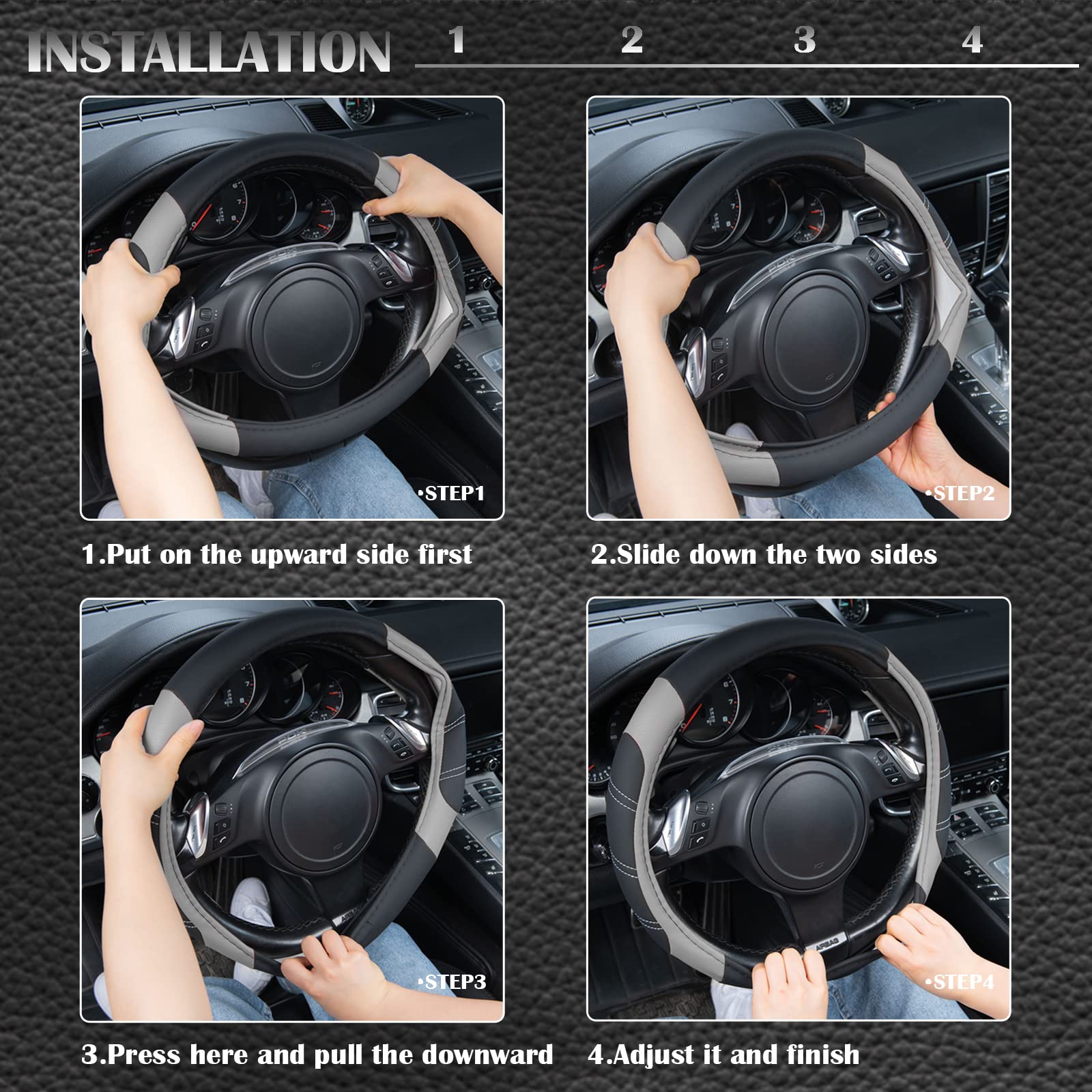 CAR PASS Line Rider Microfiber Leather Sporty Steering Wheel Cover Universal Fits for 95% Truck,SUV,Cars,14.5-15inch Anti-Slip Safety Comfortable Desgin (Black-Gray)