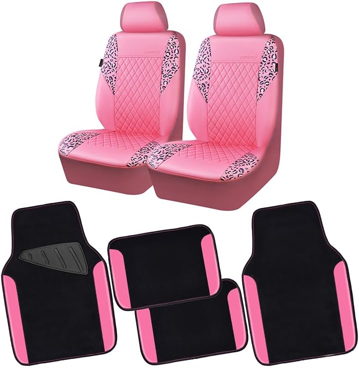 CAR PASS Leather Leopard Two Front Seat Cover & Pink Car Mats, Car Seat Cover for Cute Women Girly,5mm Composite Sponge Inside,Airbag Compatible Fit for Most Sedan,SUV,Truck (Pink)