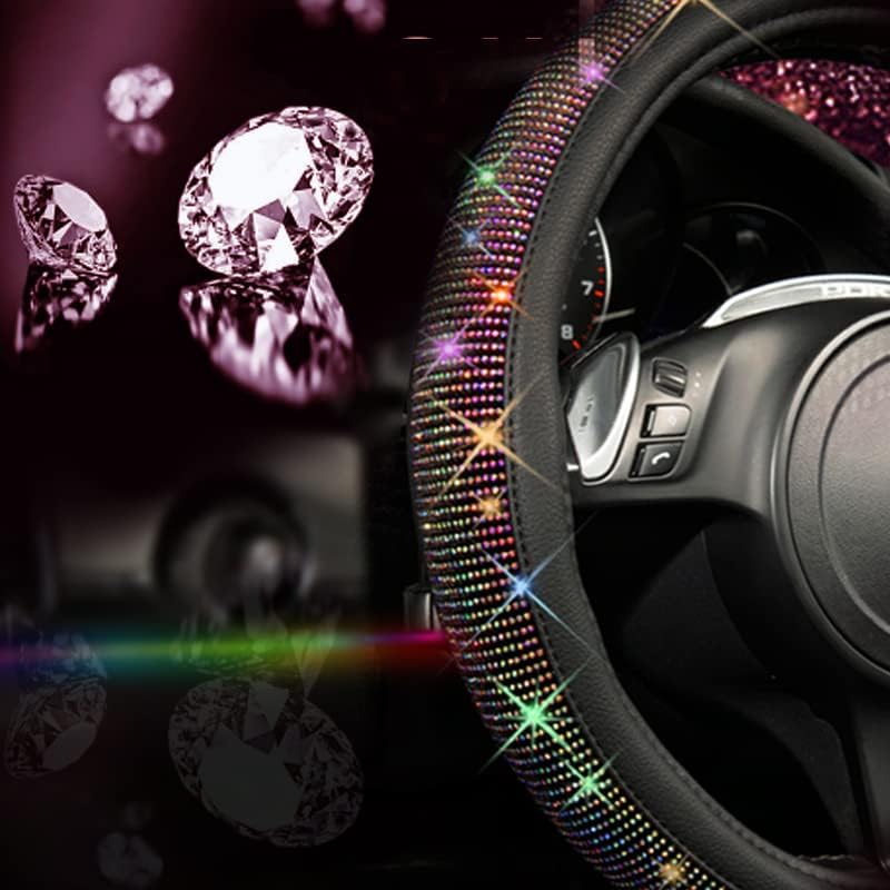 CAR PASS Diamond Leather Steering Wheel Cover, with Bling Crystal Rhinestones Fit Suvs,Vans,Sedans,Cars,Trucks Universal Fit 14.5-15inch Car Floor Mats Waterproof