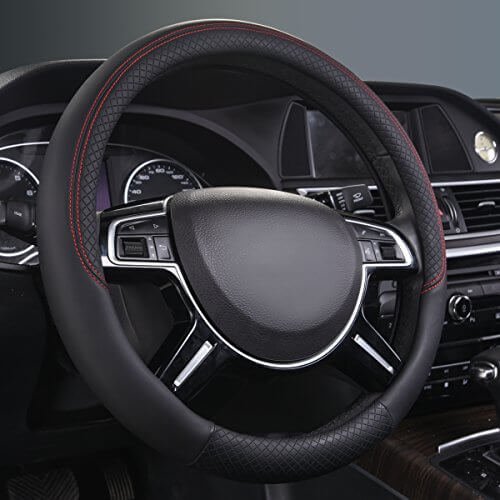 Rainbow Steering Wheel Cover with PVC Leather Universal Fits for Truck,SUV,Cars-Sporty Rhombus Embossing / Black Red Stitch