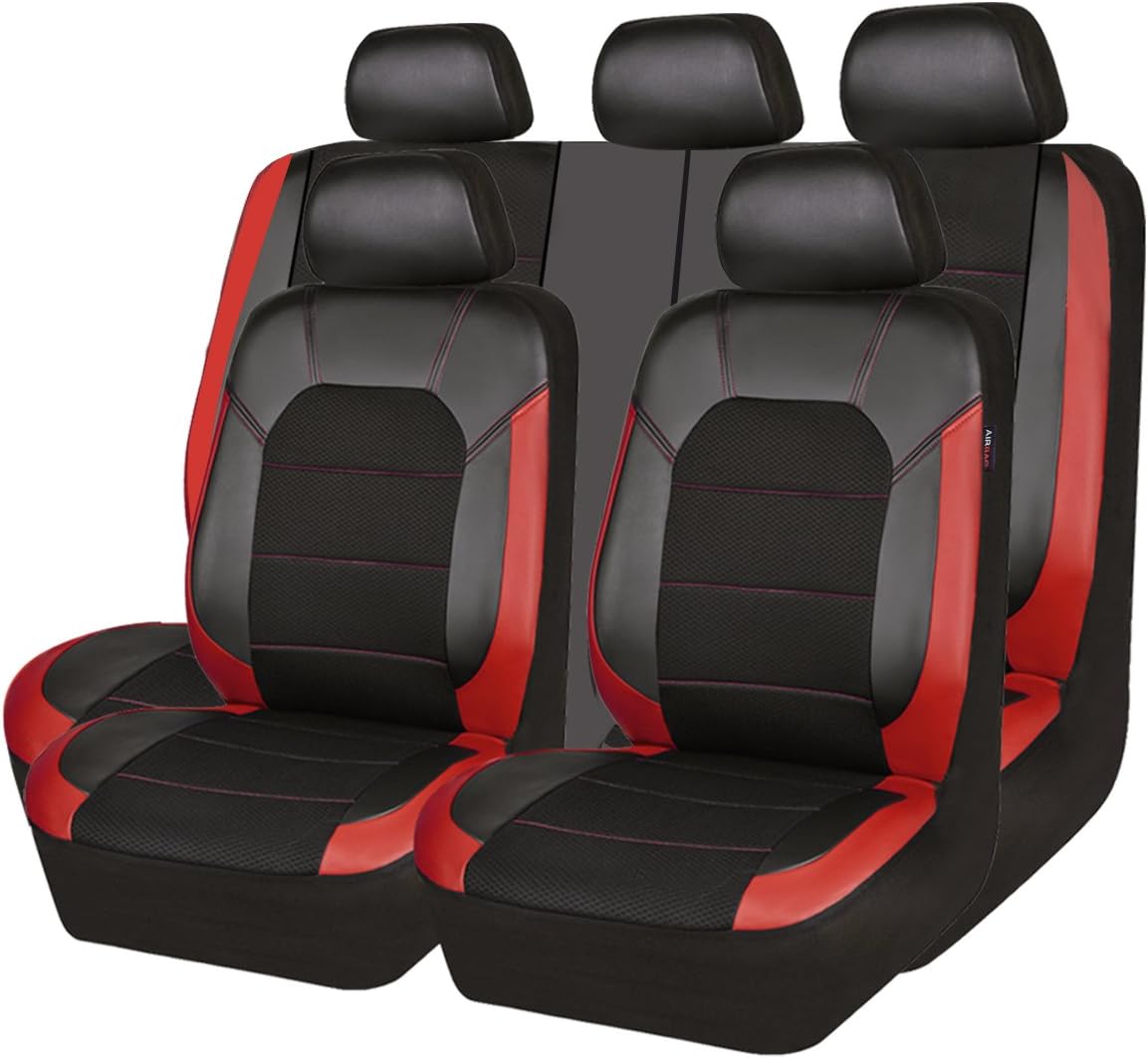 CAR PASS Universal Leather car seat Covers Sport fits Most Cars, SUVs, Trucks, and Vans (Full Set, Black Red)