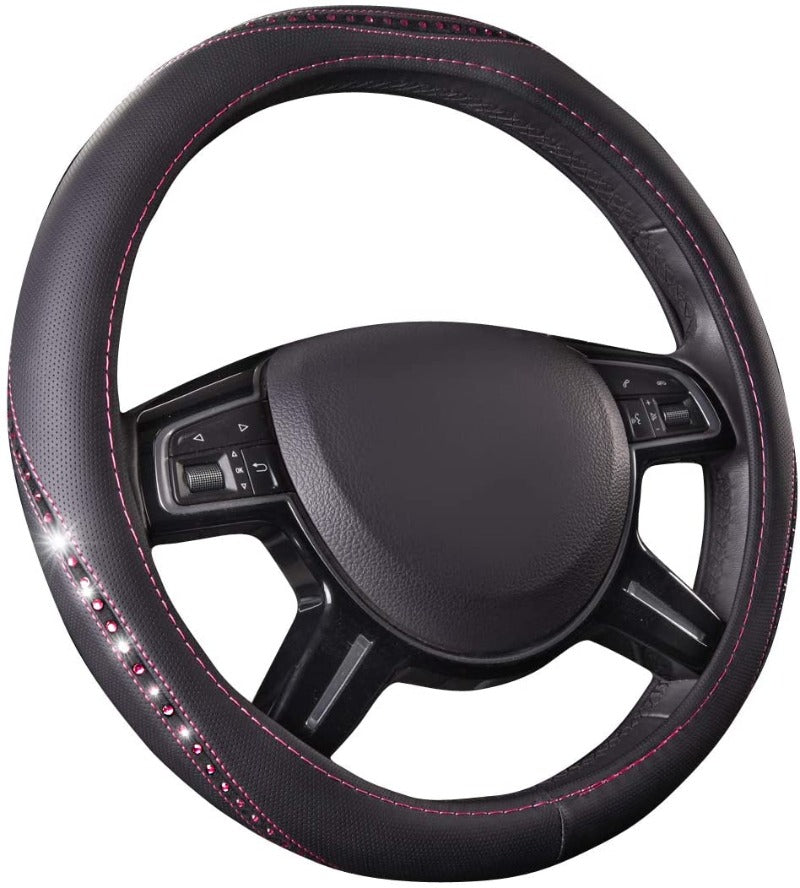 Pretty Rhinestone Leather Universal Steering Wheel Cover,Fit for Car, Suvs,Sedans,Truck-Pink