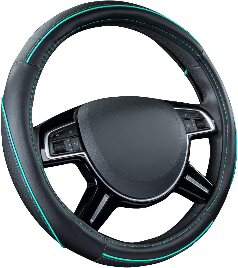 Car Pass Colour Piping Leather Universal Fit Steering Wheel Cover,Perfectly fit for 14.5-15 inches for Various Vehicles SUVs,Vans,Sedans,Cars (Black & Mint)