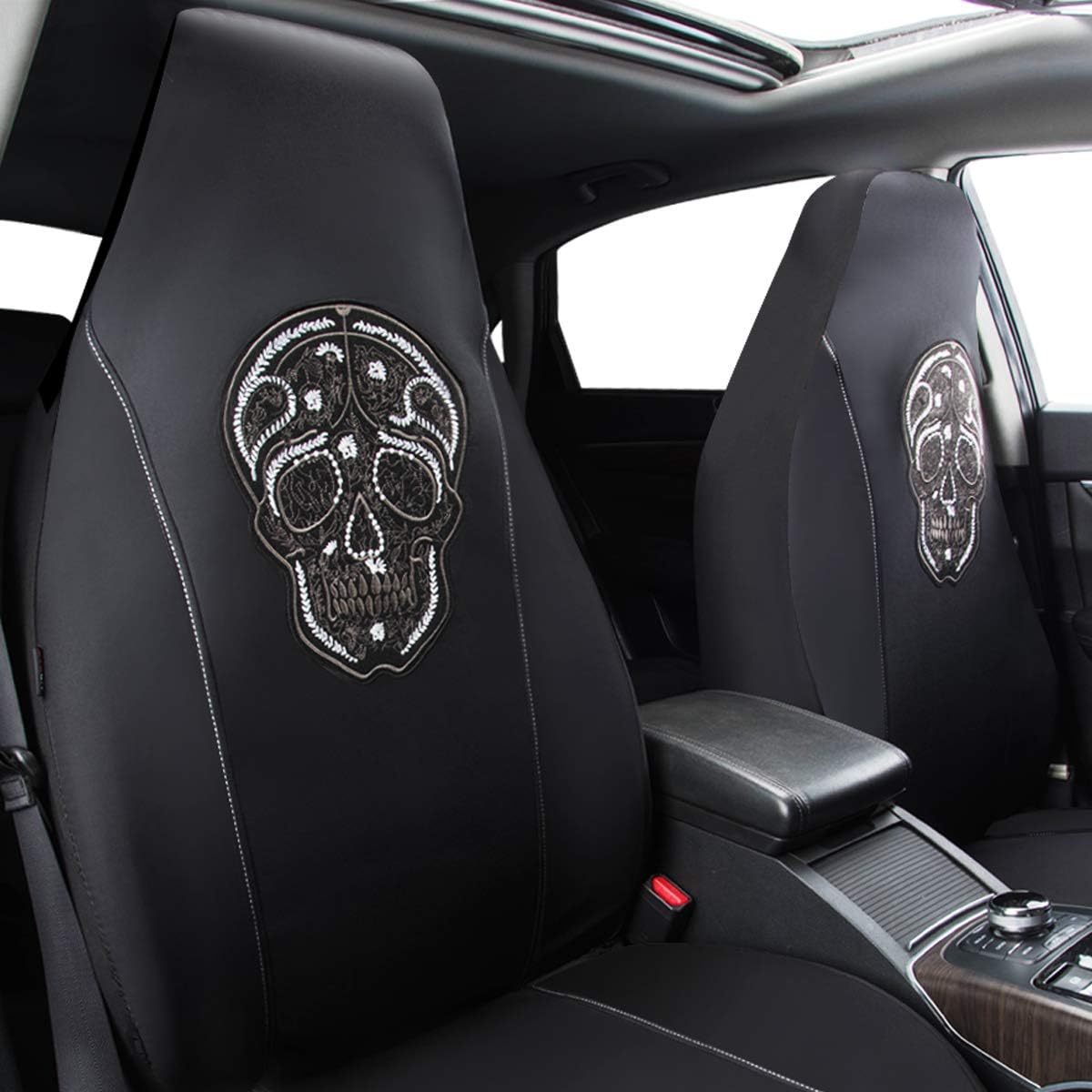 CAR PASS Skull Design Universal Fit Two Front Seat Covers, Gaberdine Fabric Cloth Front Seats Only Skeleton Punkl, Universal Fit for SUVs,Vans,Coupe,Trucks (2 Piece Black White)