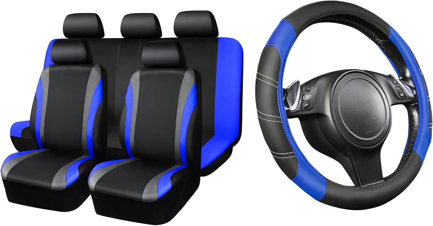 CAR PASS Line Rider Leather Car Seat Cover and Steering Wheel Cover Combo Fits for 95% Truck, SUV, Sedan. 14.5-15 Inch Anti-Slip Desgin. 3 Zipper Bench. (Black and Blue)