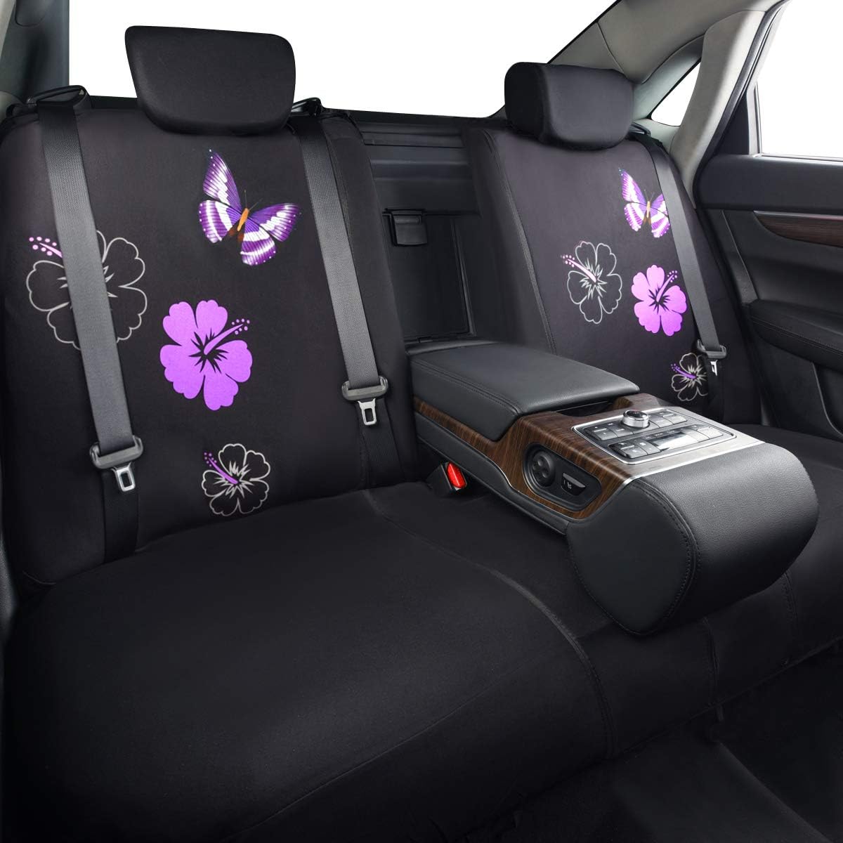 CAR PASS Universal Fabric Car Seat Covers,Print Purple Flower and Butterfly Seat Covers Full Set with Airbag Compatible, Fit Sedans,Cars,Vans,Suitable for Women & Girly (Black and Purple)