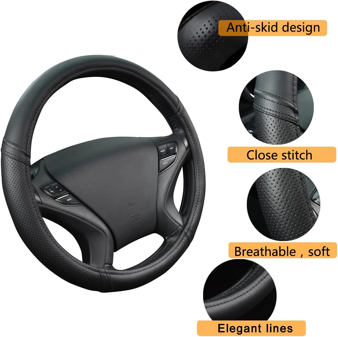 CAR PASS Leather Two Front Car Seat Cover; 4Pcs Waterproof Car Floor Mats & Steering Wheel Cover,Universal Fit Airbag Compatible Automotive Interior Covers (Combo Set, Black)