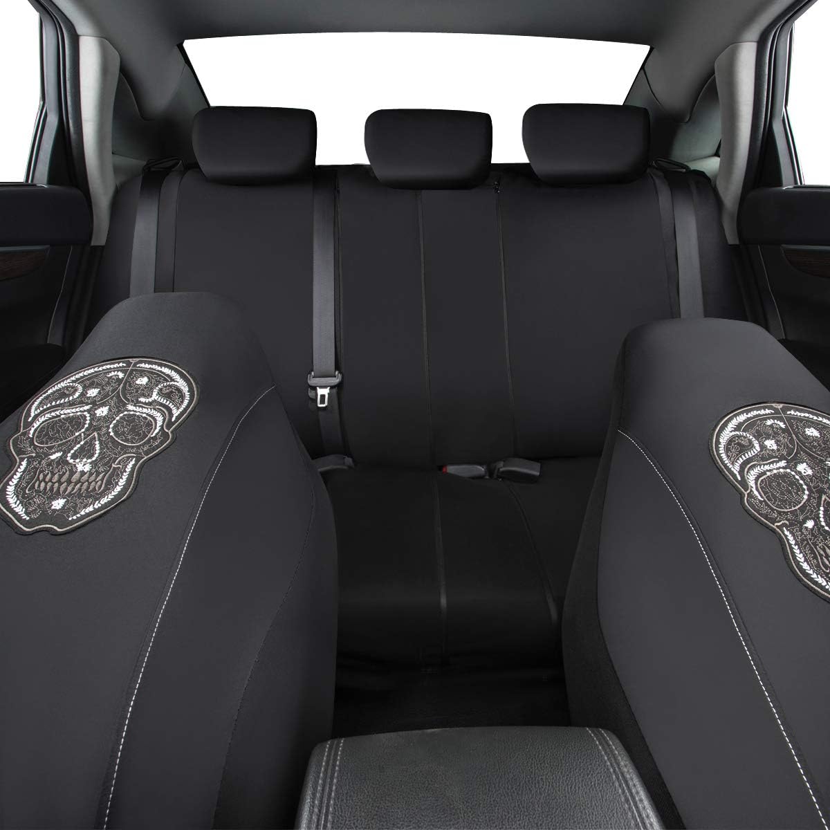 CAR PASS Skull Design Universal Fit Two Front Seat Covers, Gaberdine Fabric Cloth Front Seats Only Skeleton Punkl, Universal Fit for SUVs,Vans,Coupe,Trucks (2 Piece Black White)