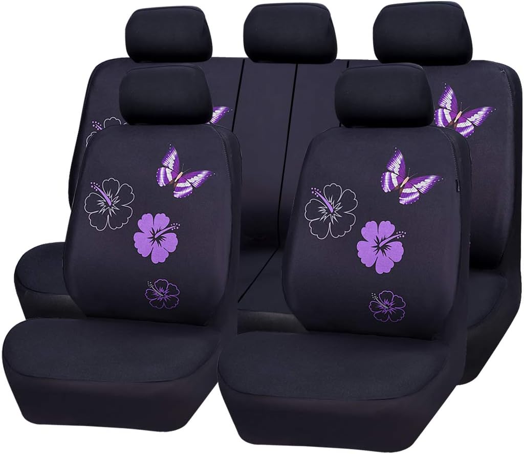 CAR PASS Universal Fabric Car Seat Covers,Print Purple Flower and Butterfly Seat Covers Full Set with Airbag Compatible, Fit Sedans,Cars,Vans,Suitable for Women & Girly (Black and Purple)