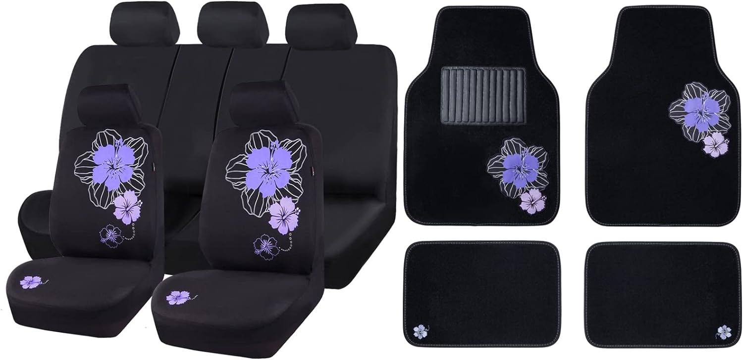 CAR PASS Pretty Flower Universal Seat Covers and 4 Pice Waterproof Anti-Slip Nibs Car Floor Mats for Women Cute Girly Fit 95% Automotive,SUVS,Sedan,Vans (Black with Purple)