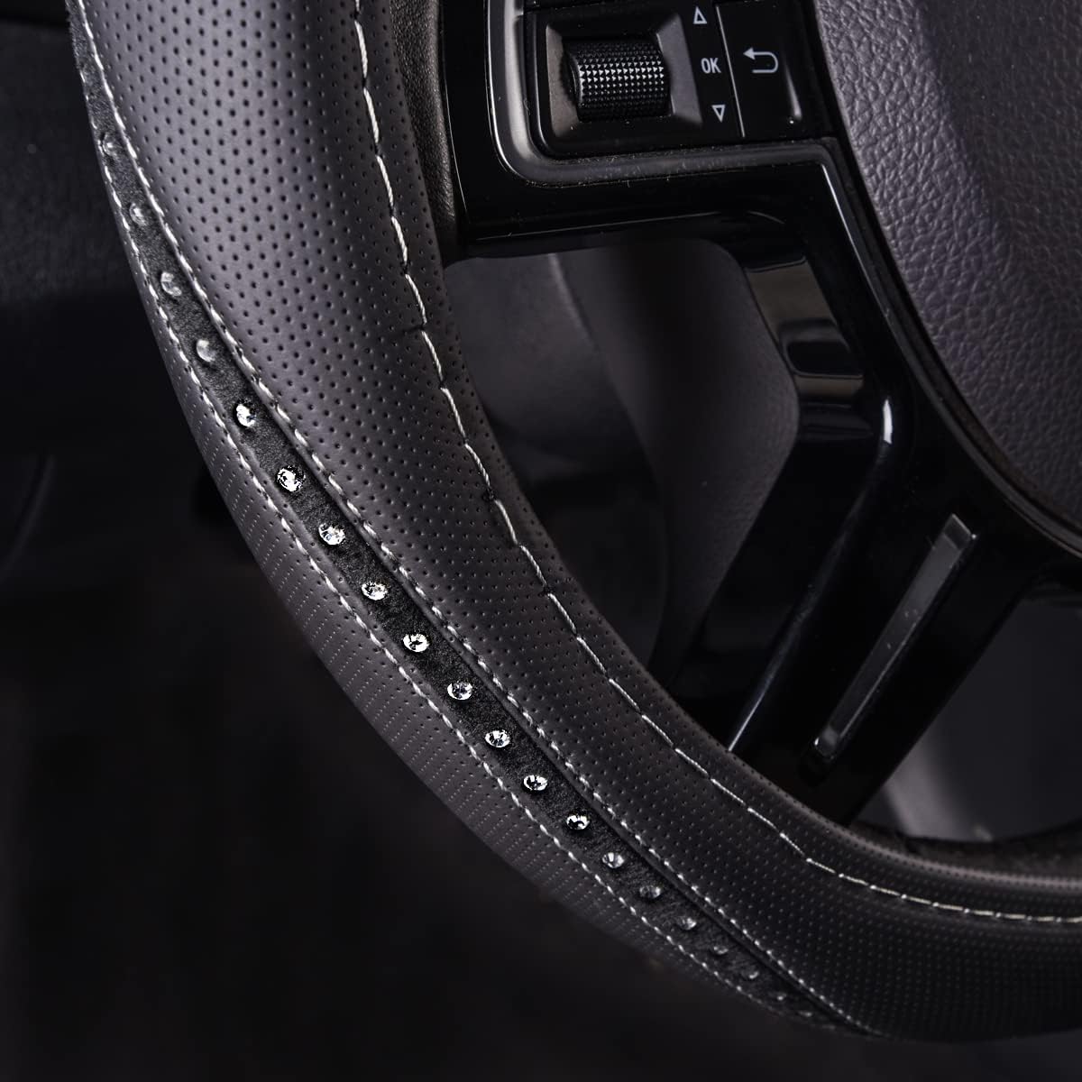 CAR PASS Bling Diamond Leather Steering Wheel Cover, Back Seat Cover, Two Front Seat Cover, Car Floor Mats 4pcs
