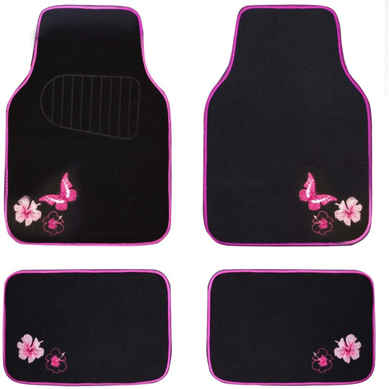 Embroidery Butterfly and Flower Universal Fit Car Floor Mats, Fit for Suvs,Sedans,Trucks,Cars, Set of 4-Pink Butterfly Flower