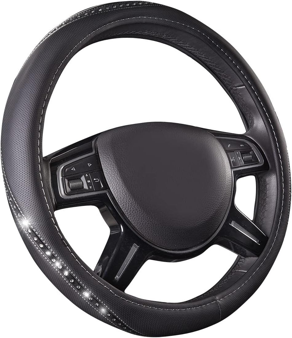 CAR PASS Bling Diamond Black Leather Steering Wheel Cover, Studded Crystal Rhinestones Universal Fit 14" 1/2-15" Glitter for Women Sparkle Girl Fit Suvs,Vans,Sedans,Car,Trucks, Silver Diamond