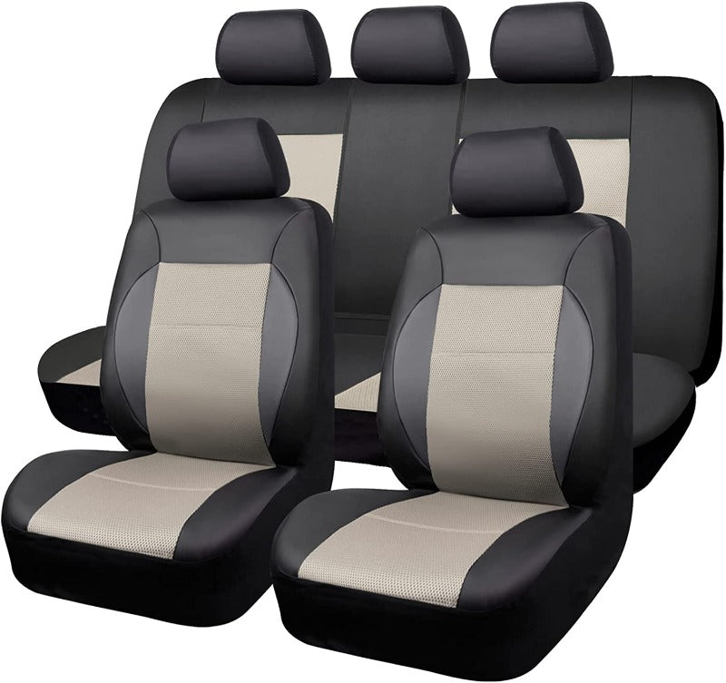 11 Pieces Leather Universal Car Seat Covers Set-Black and Beige