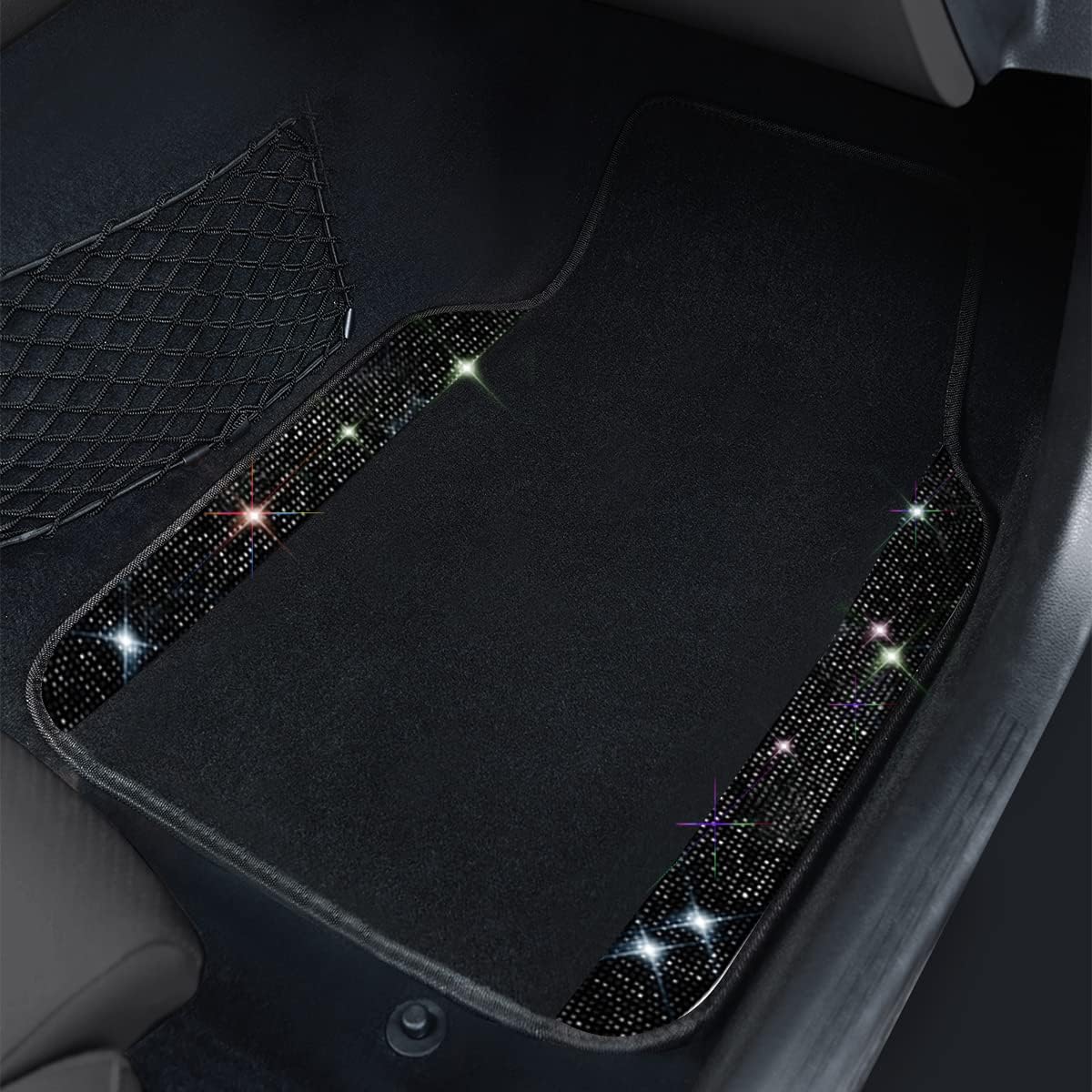 CAR PASS Iridescent Diamond Nappa Calfskin Leather Cushioned,Bling Seat Covers & Steering Cover & Car Floor Mats Universal Fit for Auto SUV Sedan,Sparkly Glitter Shining Rhinestone, Black