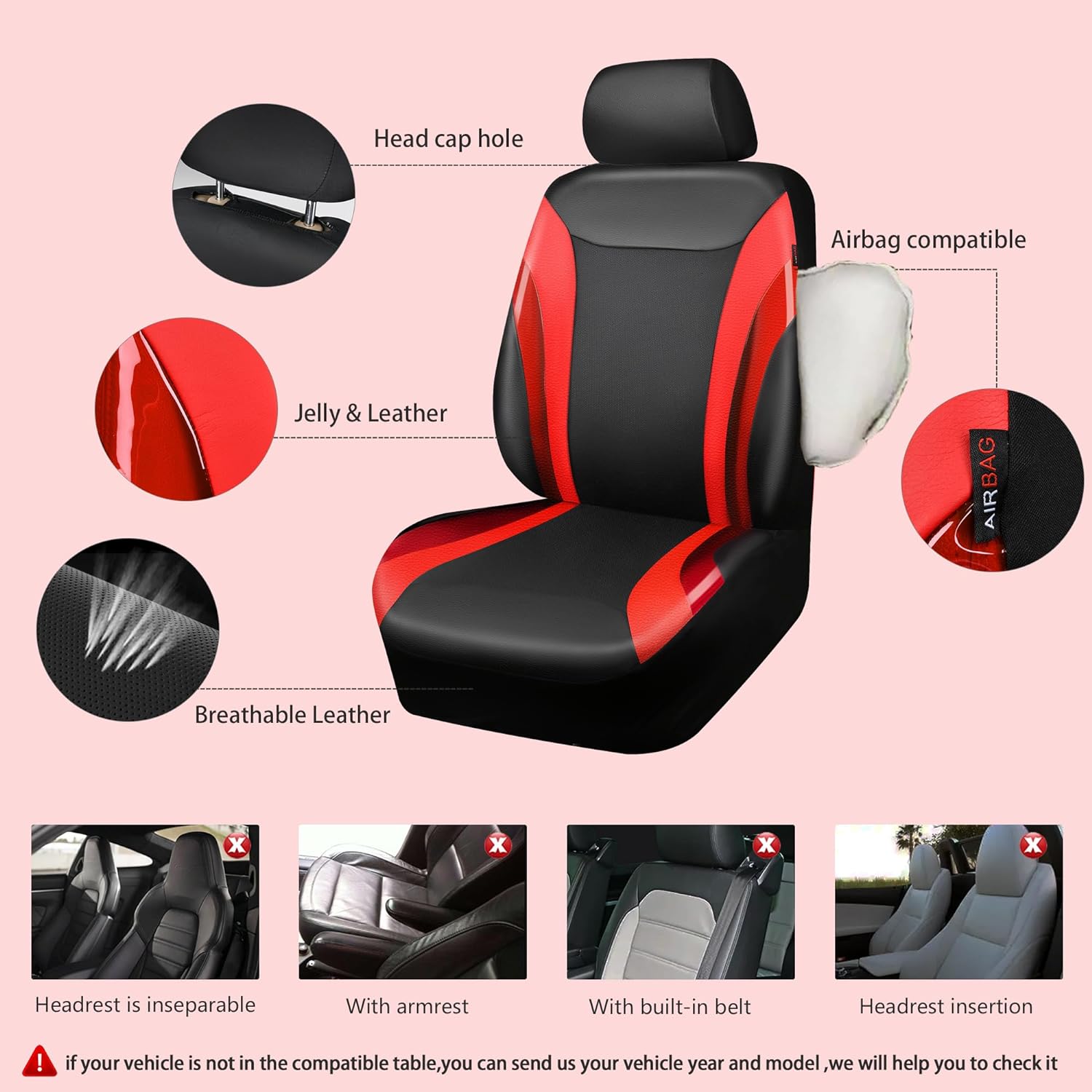 CAR PASS Jelly Leather Car Seat Covers Full Set,Waterproof Automotive Seat Covers for Cars SUV Sedan Truck,Airbag Compatible,Sporty Universal Fit for Cute Women Girl (Black and Red)