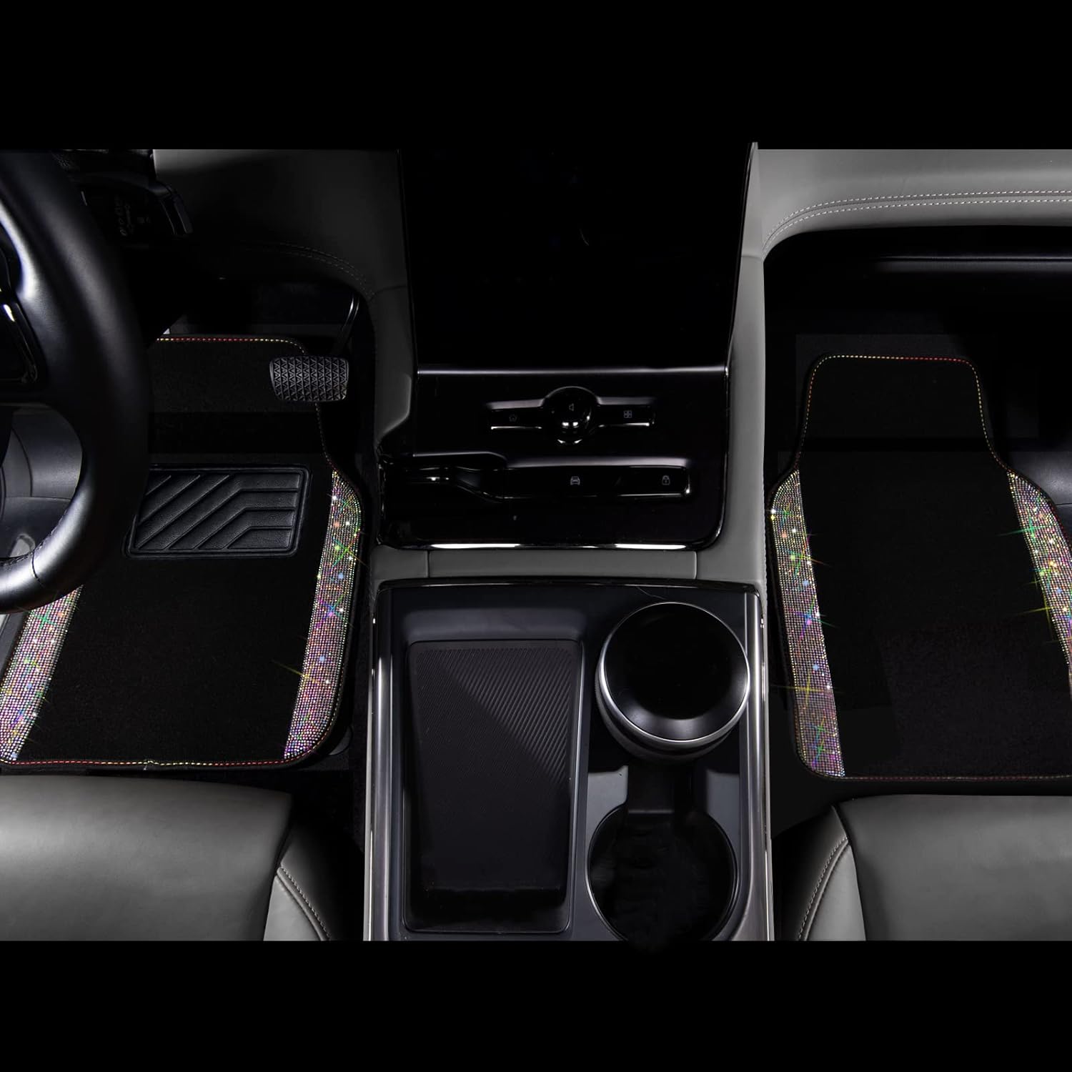 CAR PASS Bling Rhinestones Diamond Car Floor Mats & Nappa Leather Seat Covers Universal for Automotive SUV,Sedan Waterproof Heavy-Duty Anti-Slip