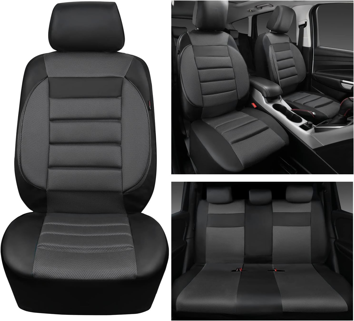 CAR PASS Leather 3D Foam Back Support Car Seat Covers Full Set Air Mesh Automotive Seat Covers, All Season Car Seat Cover Fit Automotive,SUV,Sedan,Van, Airbag Compatible Elegance (Black Charcoal)…