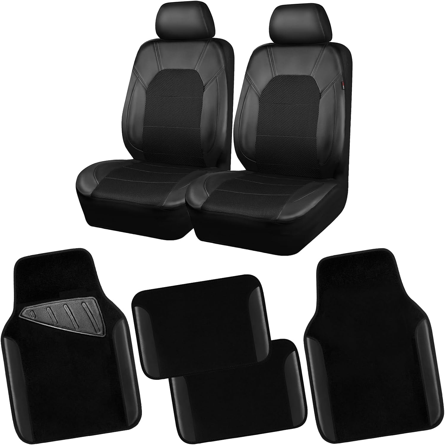 CAR PASS Universal Leather Two Front Seat Covers & Car Mats,Sport seat Covers fits Most Cars, SUVs, Trucks, and Vans Airbag Compatible (Solid Black)