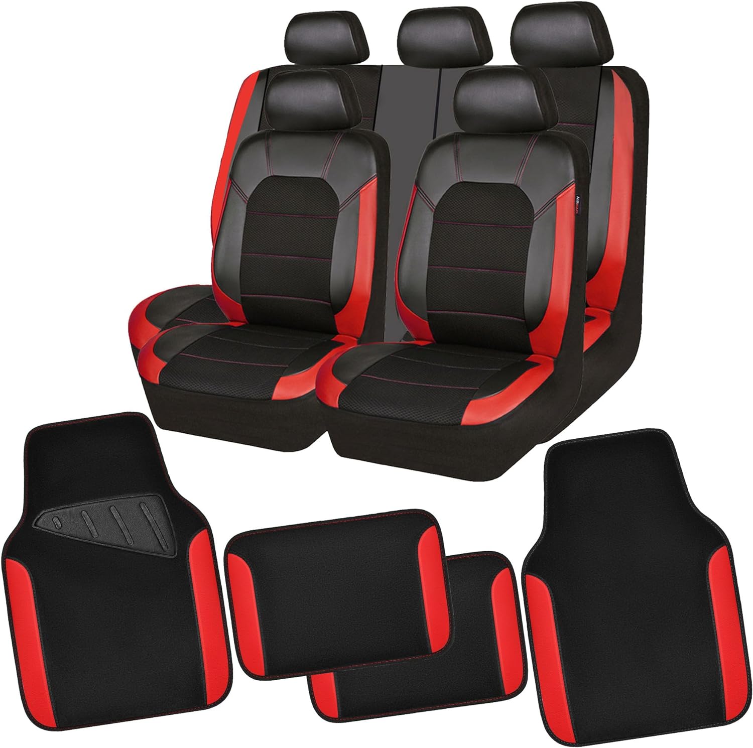 CAR PASS Leather Car Seat Covers, Waterproof Anti-Slip Nibbed Backing Floor Mats for SUV, Vans,Sedans,Trucks, Automotive (Black and Red)
