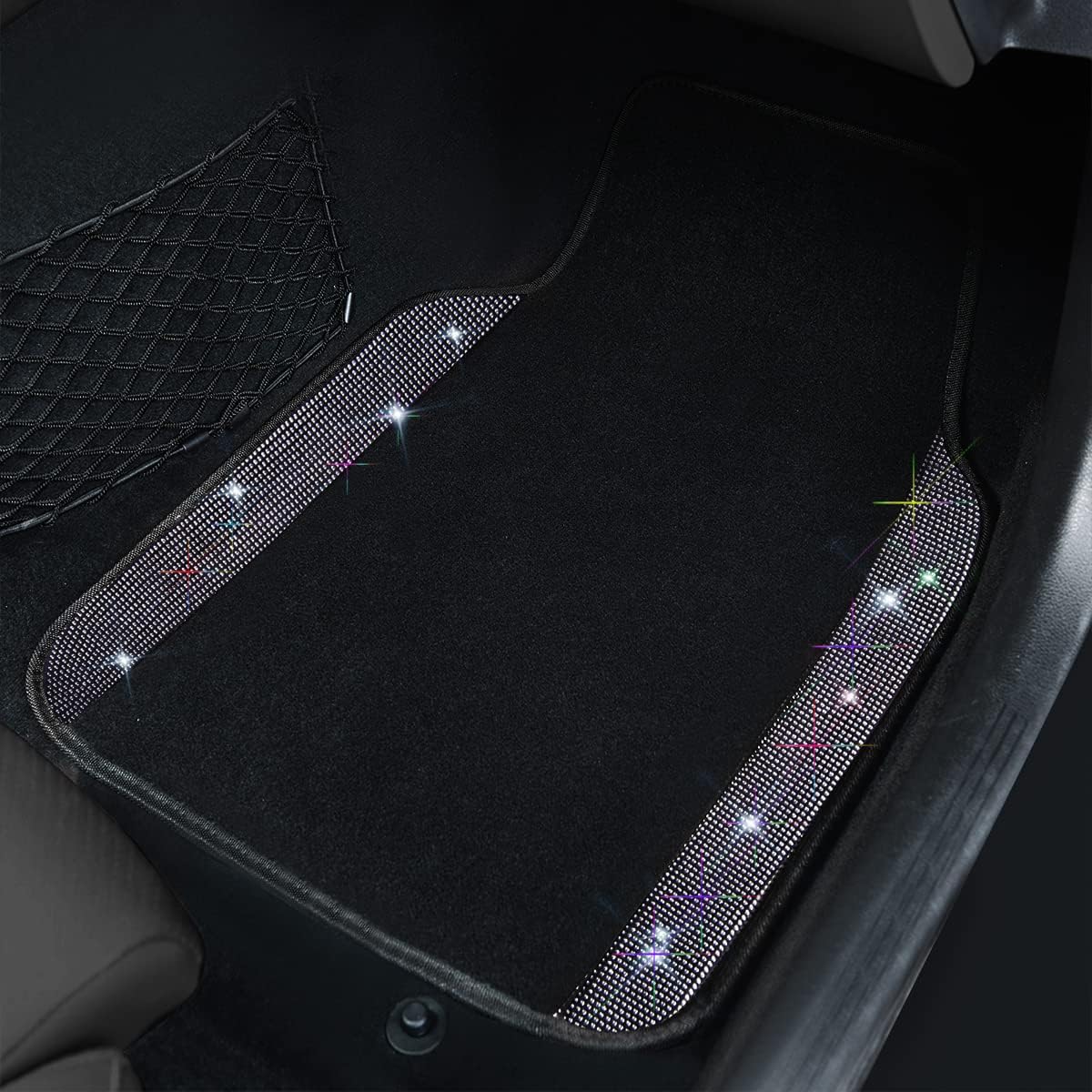 CAR PASS Iridescent Diamond Nappa Calfskin Leather Cushioned,Bling Seat Covers & Steering Cover & Car Floor Mats Universal Fit for Auto SUV Sedan,Sparkly Glitter Shining Rhinestone, Silver