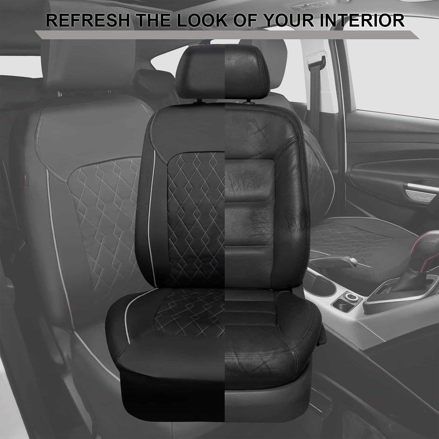 CAR PASS PU Leather Car Seat Covers Full Set Fit Most Cars Trucks SUVS Auto Seat Covers Set Car Seat Protector Car Seat Cover with Zipper Design, Airbag Compatible (Full seat Black Gray)