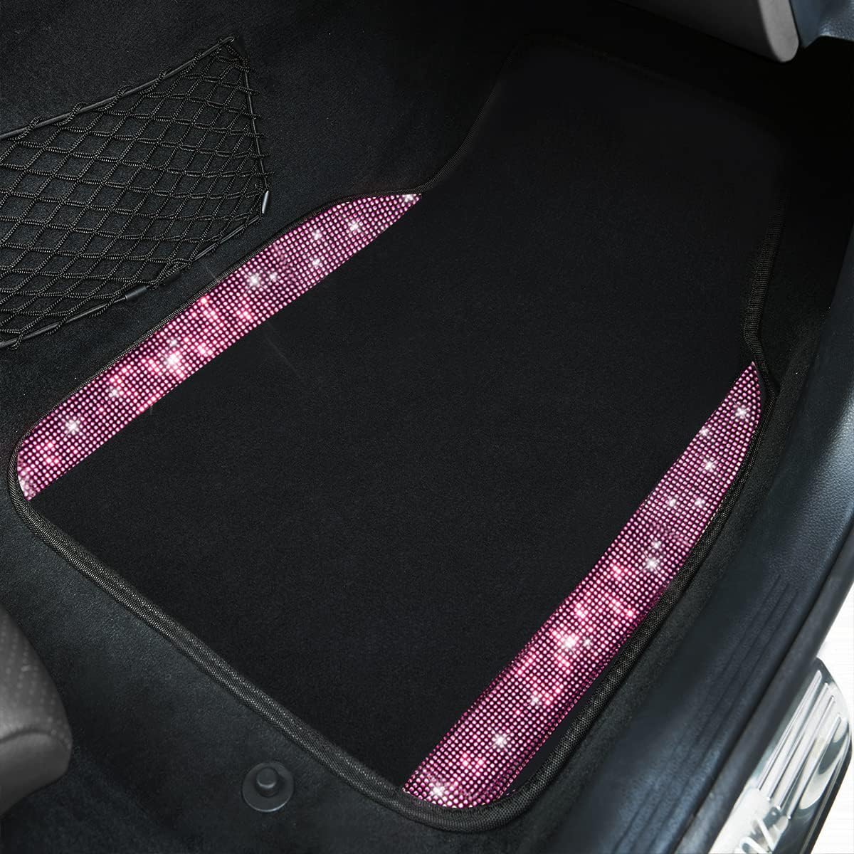 CAR PASS Bling Diamond Car Floor Mats & Car Steering Wheel Cover & Car Seat Cover Two Fromt Seats, Pink Diamond