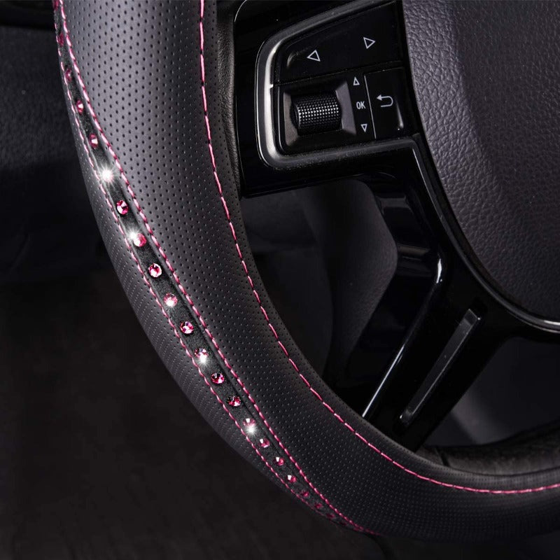 Pretty Rhinestone Leather Universal Steering Wheel Cover,Fit for Car, Suvs,Sedans,Truck-Pink