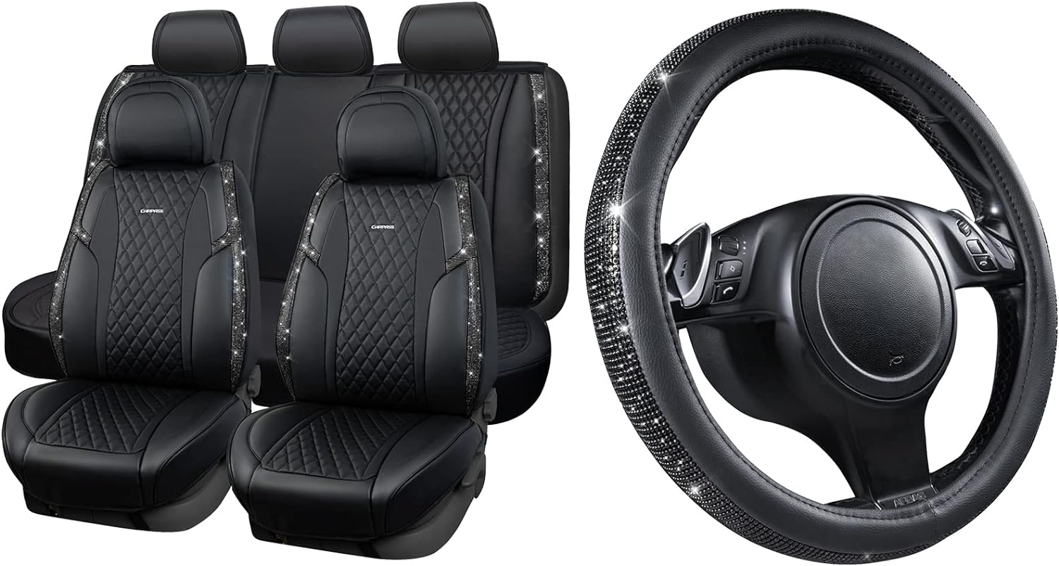 CAR PASS Diamond Leather Steering Wheel Cover & Iridescent Diamond &Nappa Calfskin Leather Cushioned,Bling seat Covers Fit for Auto SUV Sedan,Sparkly Glitter Shining Rhinestone, Black