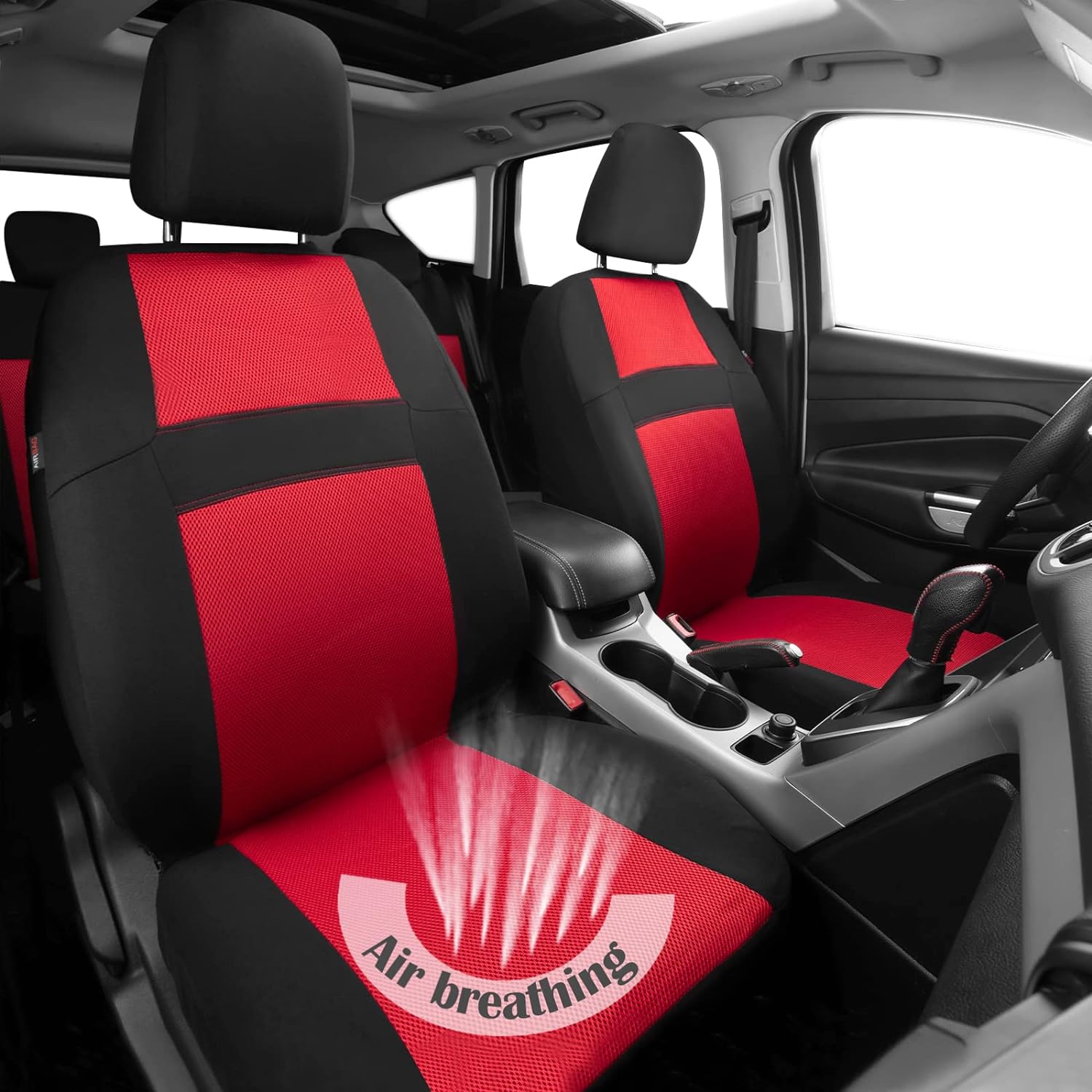 CAR PASS Universal Mesh Two Front Seat Covers & Car Floor mats,Steering Wheel Cover fits Most Cars, SUVs, Trucks, and Vans Airbag Compatible (Black and Red)