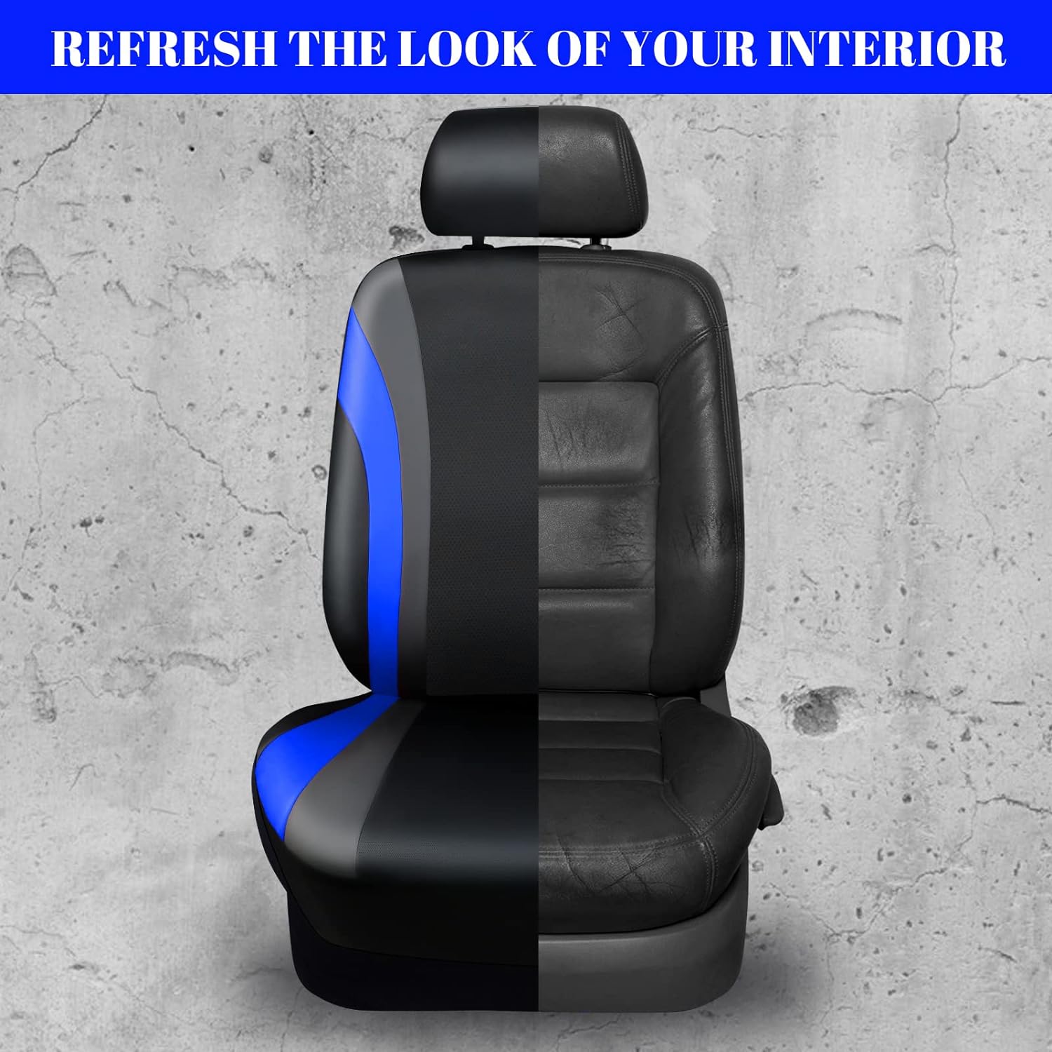 CAR PASS Line Rider Leather Car Seat Cover and Steering Wheel Cover Combo Fits for 95% Truck, SUV, Sedan. 14.5-15 Inch Anti-Slip Desgin. 3 Zipper Bench. (Black and Blue)