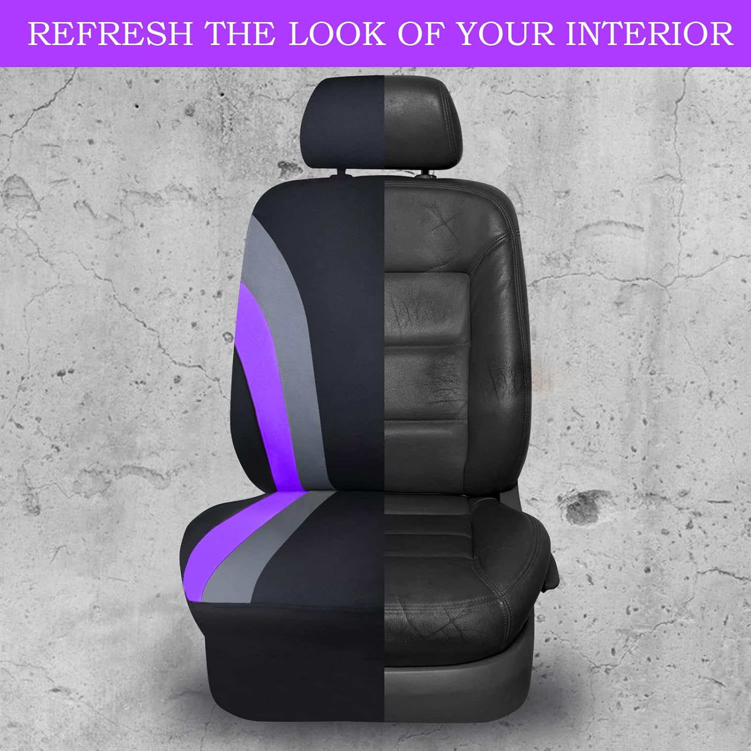 CAR PASS Line Rider Sporty Steering Wheel Cover and Car Seat Cover Sets. 11PCS Universal Fit Car Seat Cover with 14.5-15 Inch Steering Wheel Cover.(Black and Purple)