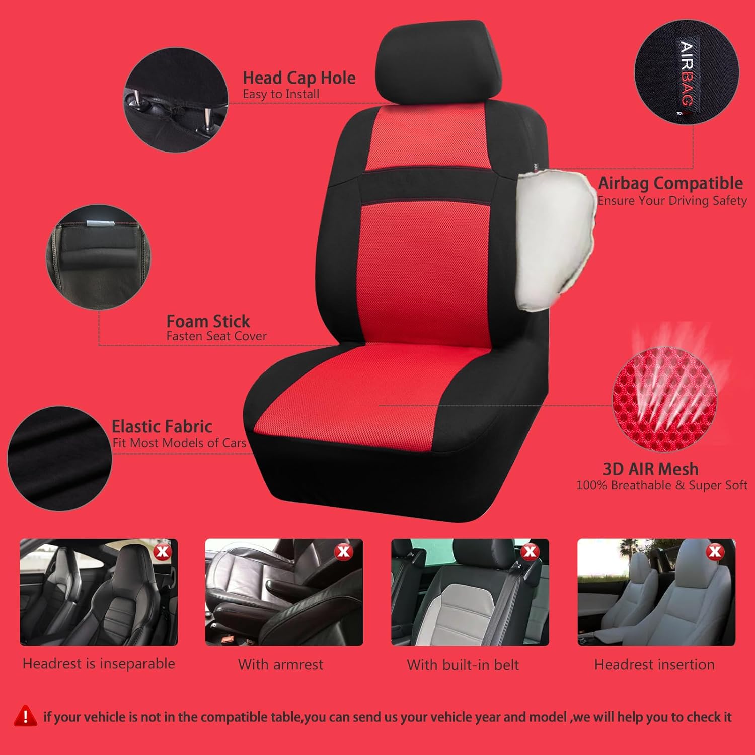 CAR PASS Universal Mesh Two Front Seat Covers & Car Floor mats,Steering Wheel Cover fits Most Cars, SUVs, Trucks, and Vans Airbag Compatible (Black and Red)