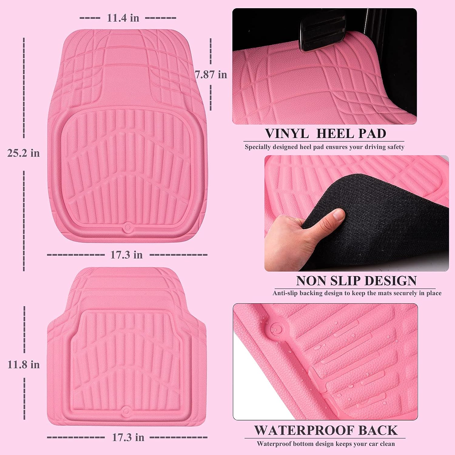 CAR PASS Nappa Pink Leather Car Seat Covers Full Set Cute for Women Waterproof Cushioned budle with 3D Waterproof Leather Car Floor Mats (Pink)