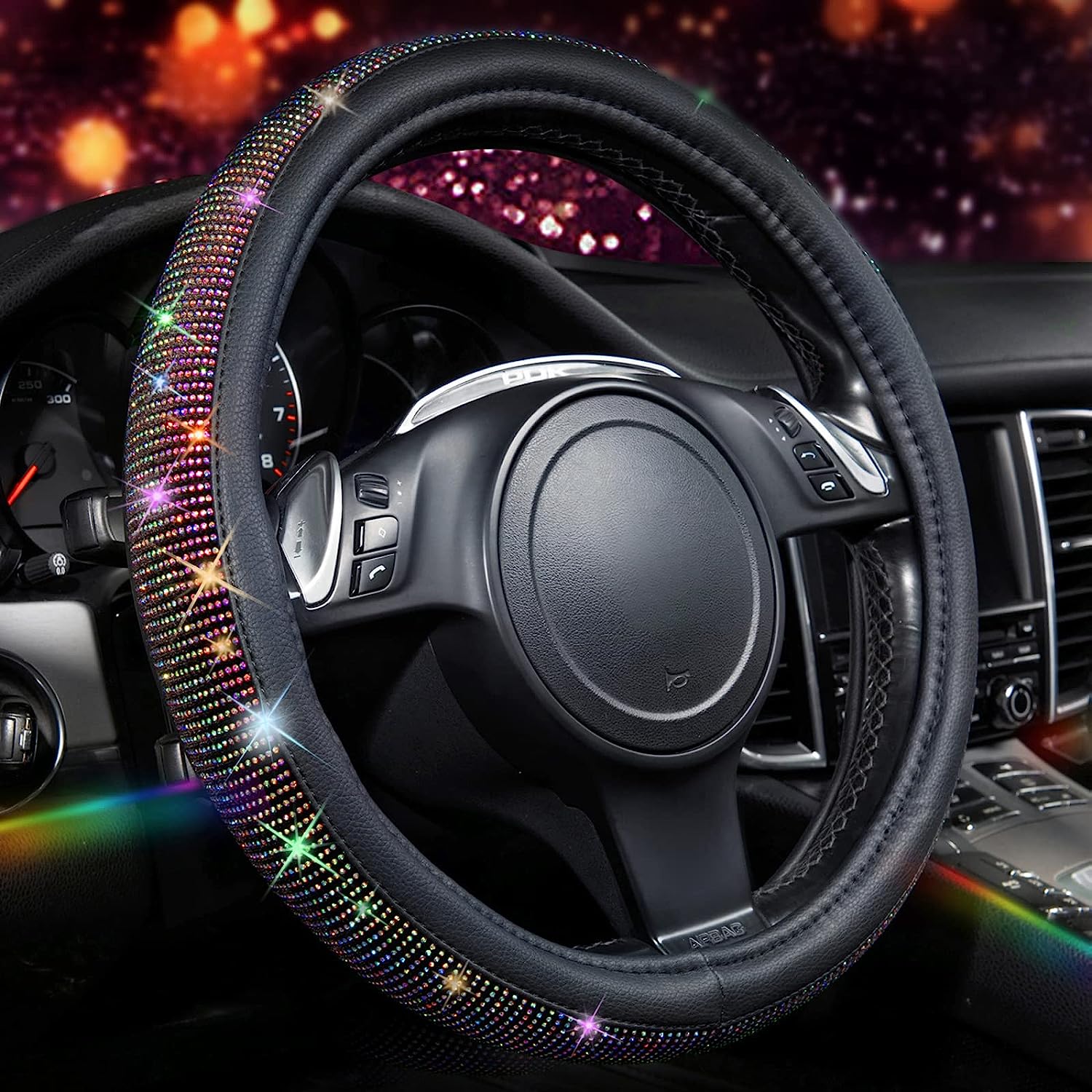 CAR PASS Diamond Leather Steering Wheel Cover & Iridescent Diamond &Nappa Calfskin Leather Cushioned,Bling seat Covers Fit for Auto SUV Sedan,Sparkly Glitter Shining Rhinestone, Multicolor