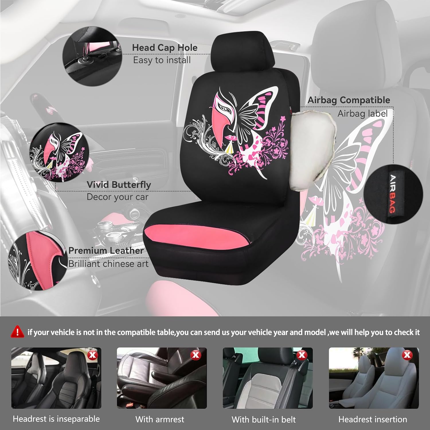 Car Pass Pink Embroidery Butterfly Steering Wheel Cover, Universal 15 Inch Car Wheel Cover for Women Girls, Fit for Suvs,Trucks,Sedans,Cars (Black and Pink)