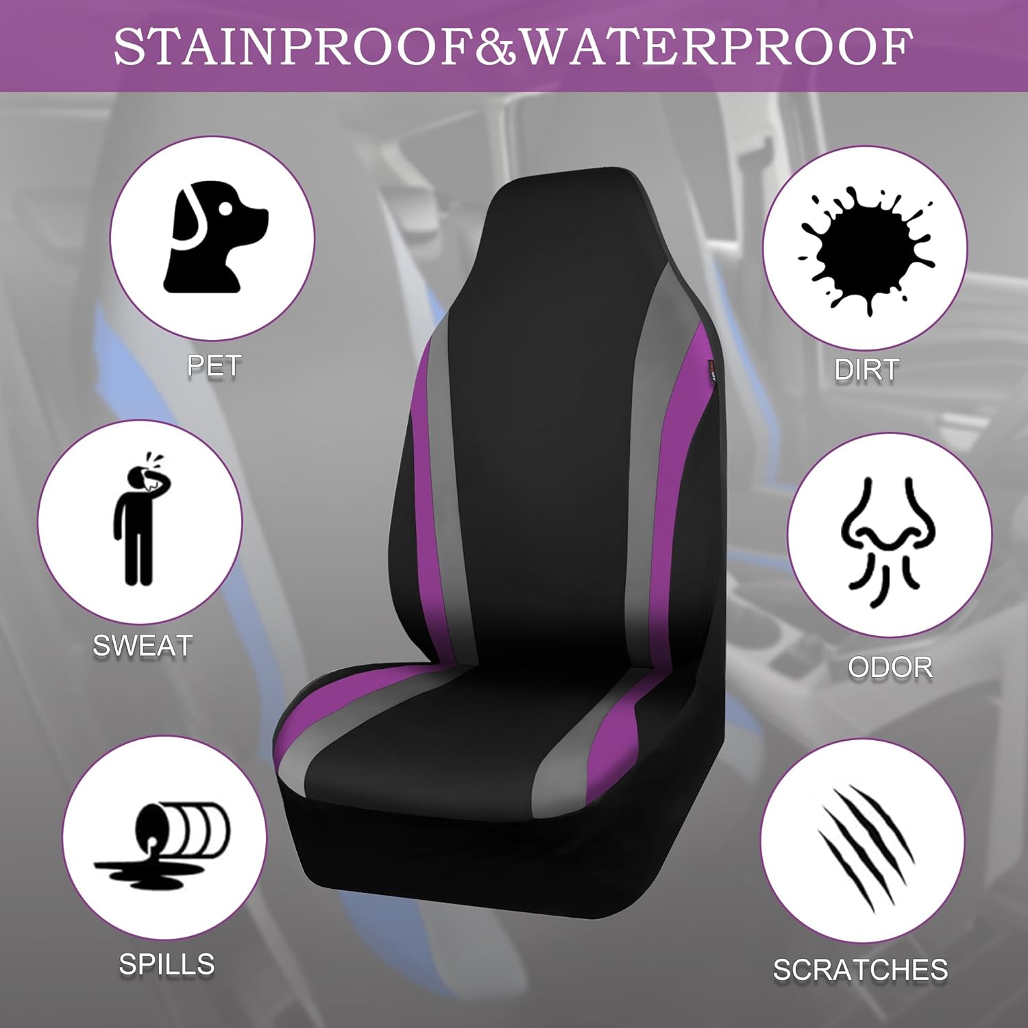 CAR PASS® AquaShield Neoprene Waterproof Car Seat Covers Front Seats Only, High Back Bucket Seat Cover,Airbag Compatible,Seat Covers for Women Girl, Universal Fit for Auto Truck Van SUV (Black Purple)
