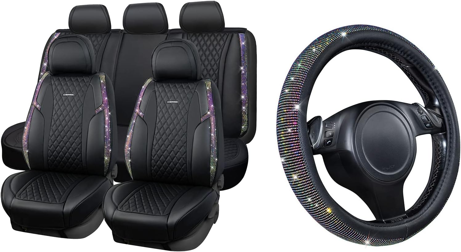 CAR PASS Diamond Leather Steering Wheel Cover & Iridescent Diamond &Nappa Calfskin Leather Cushioned,Bling seat Covers Fit for Auto SUV Sedan,Sparkly Glitter Shining Rhinestone, Multicolor