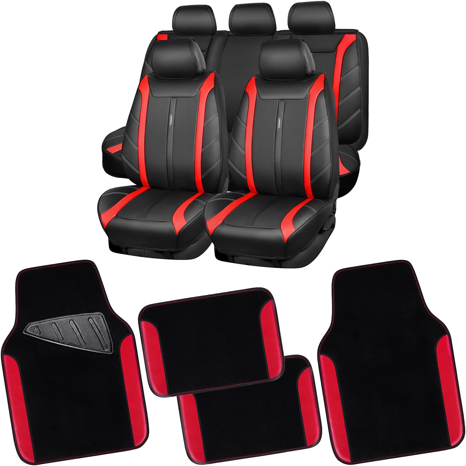 CAR PASS Leather Seat Covers Full Set All Coverage Cushioned. Waterproof Luxury Leatherette car seat Covers & Car Floor mats, Universal Fit for SUV, Cars, Van, Sporty (Black and Red)