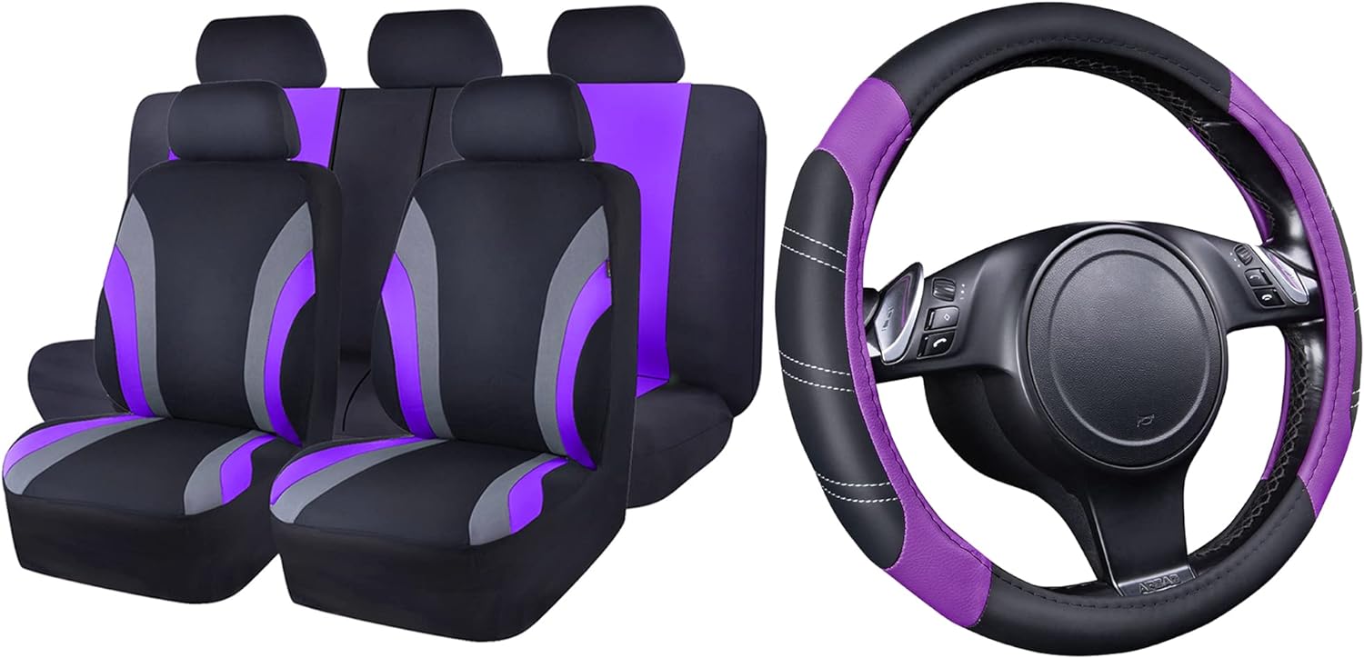 CAR PASS Line Rider Sporty Steering Wheel Cover and Car Seat Cover Sets. 11PCS Universal Fit Car Seat Cover with 14.5-15 Inch Steering Wheel Cover.(Black and Purple)