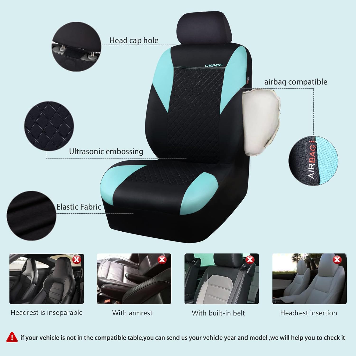 CAR PASS Ultrasonic Embossing Cloth Universal seat Covers-Breathable car seat Cover with 5mm Composite Sponge Inside,Airbag Compatible,2zipper Bench for Sedan,SUV,Truck(Black and Red,Full Set)