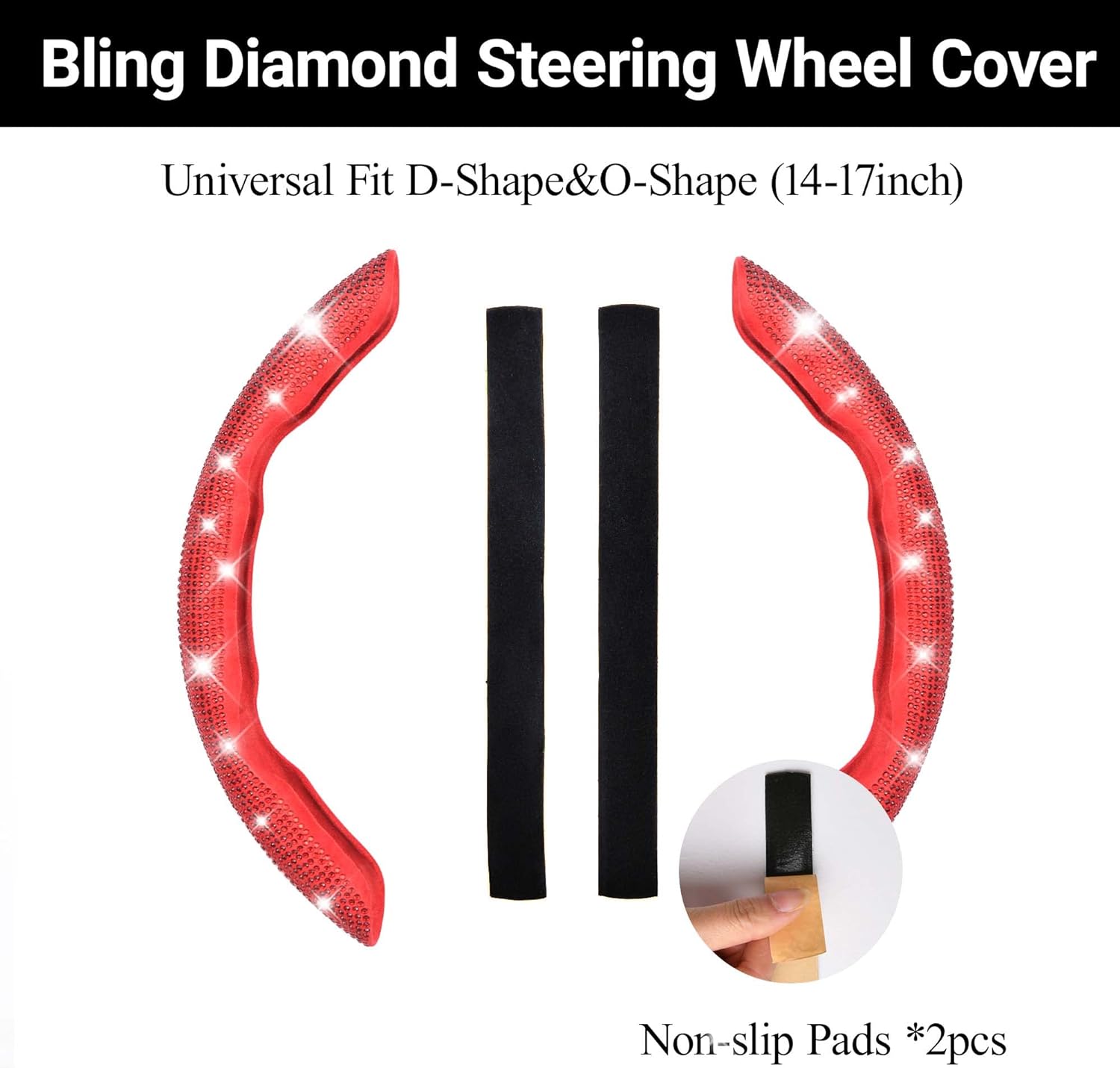 CAR PASS Bling Diamond Steering Wheel Cover with Crystal Rhinestones, Segmented Wheel Protector Non-Slip Cute Car Accessories Universal Fit D-Shape O-Shape 14.5