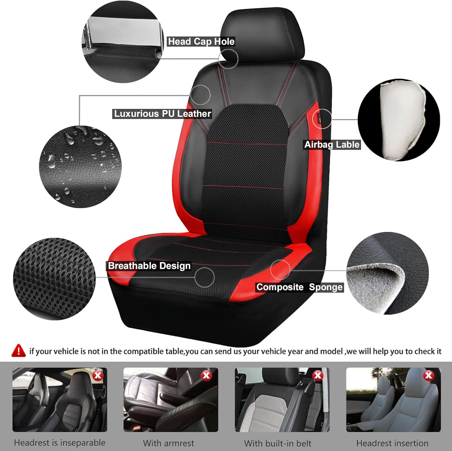 CAR PASS Leather Steering Wheel Cover and Waterproof Car Floor Mats, Universal Leather Two Front Seat Covers its Most Cars, SUVs, Trucks, and Vans (Black and Red)