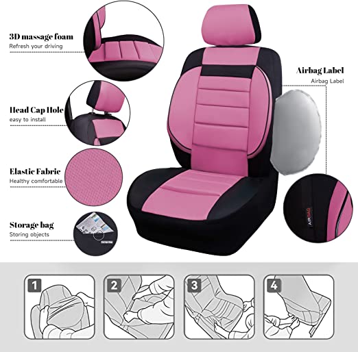 6PCS 3D Foam Cushion Back Support Universal Fit Elegance Two Front Car Seat Cover-Black And Rose Red