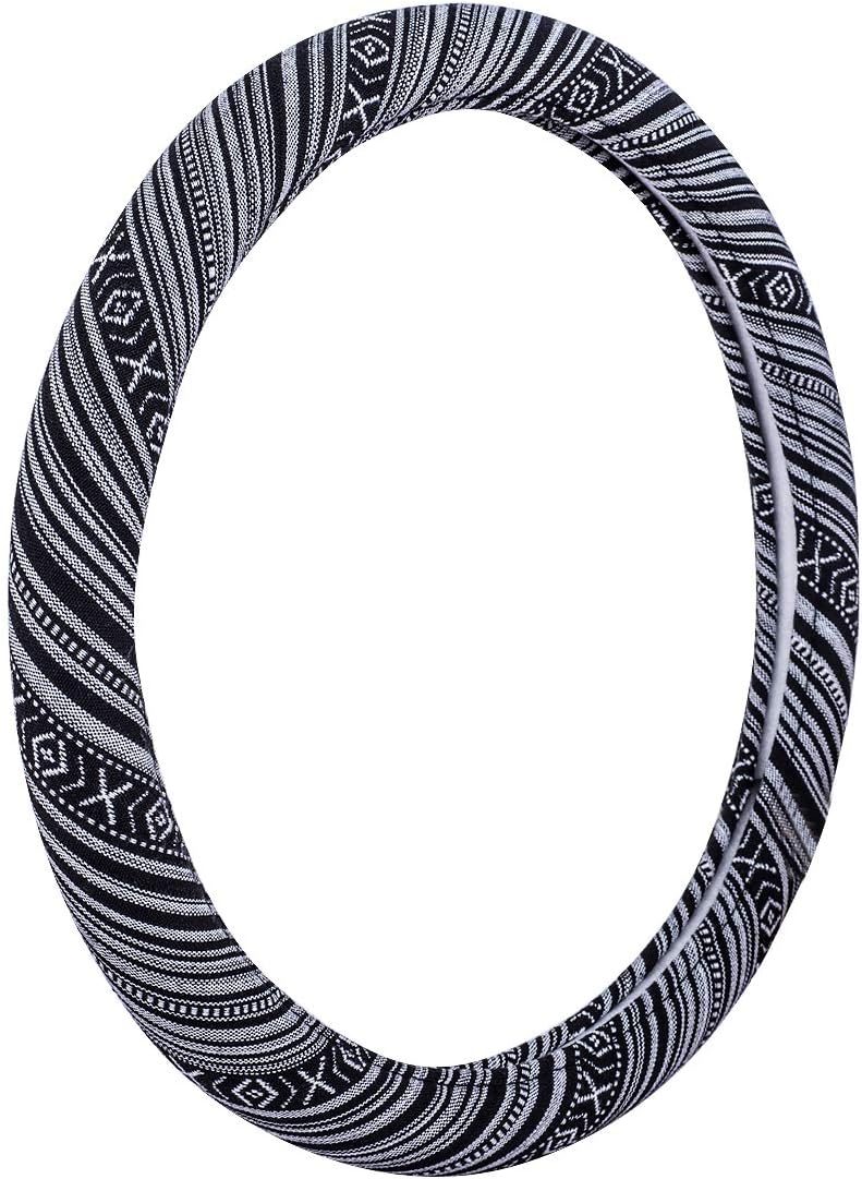 CAR PASS Flax Cloth Pretty Ethnic Style Universal Fit Steering Wheel Cover, Fit for Suvs,Sedans,Cars,Trucks (Black and White)